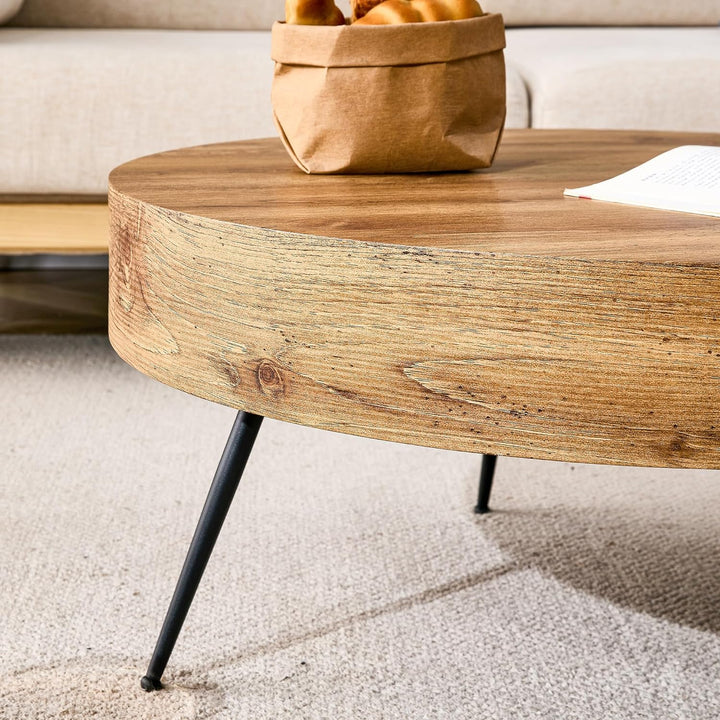 Stylish Modern Round Coffee Table, Walnut Wood and Black Metal