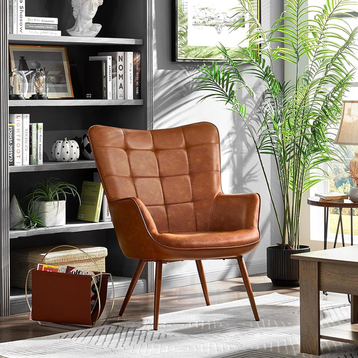 Leather Accent Chairs, Living Room Chairs Leather Large Armchairs Accent Chairs with Metal Legs, Camel