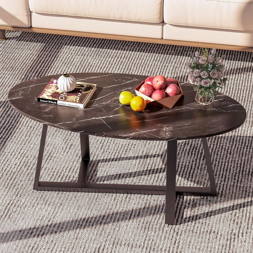 Faux Black Marble Oval Coffee Table, Wooden Gold Elliptic Modern Side End Table