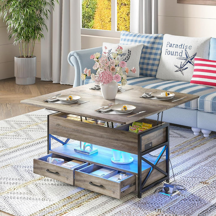 Farmhouse Lift-Top Coffee Table with LED Light, Grey