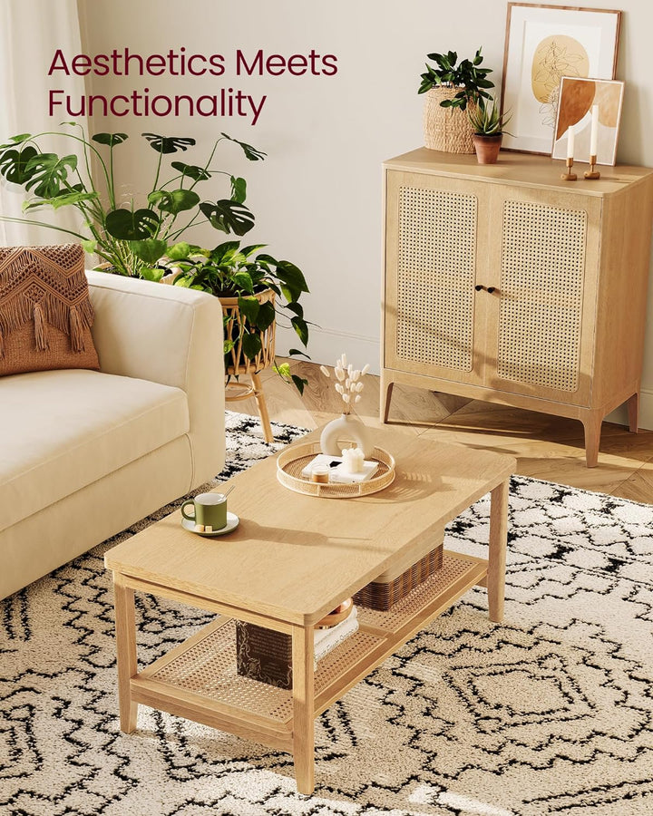 VASAGLE 2-Tier Coffee Table, Rectangular Center Table with PVC Rattan Storage Shelf, Oak Beige