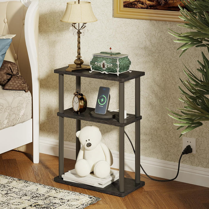 Small Side Table w/ Charging Station, 3 Tier Bedside Table