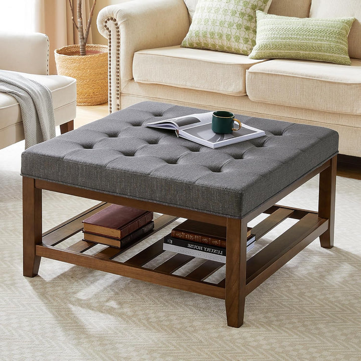 34" Square Ottoman Coffee Table, Button Tufted Upholstered, Dgrey