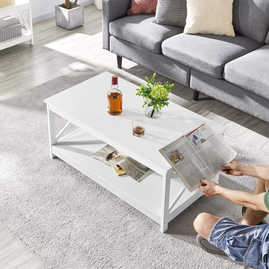 Stylish 2-Tier Wood Coffee Table with Storage Shelf, X-Shaped, White