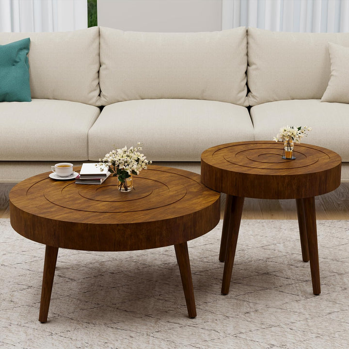 Round Coffee Table Set, 2-Piece Farmhouse Nesting Tables, Brown