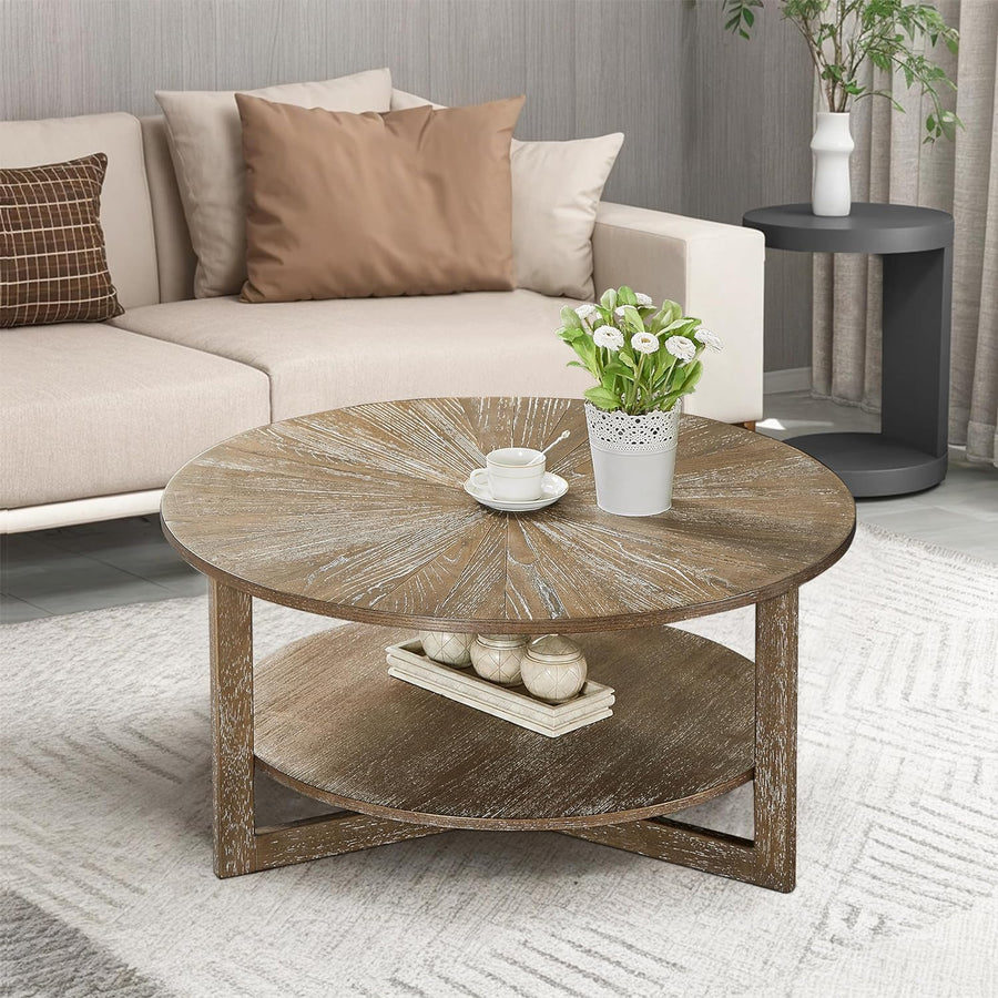 Rustic 2-Tier Round Coffee Table with Storage, Dark Grey