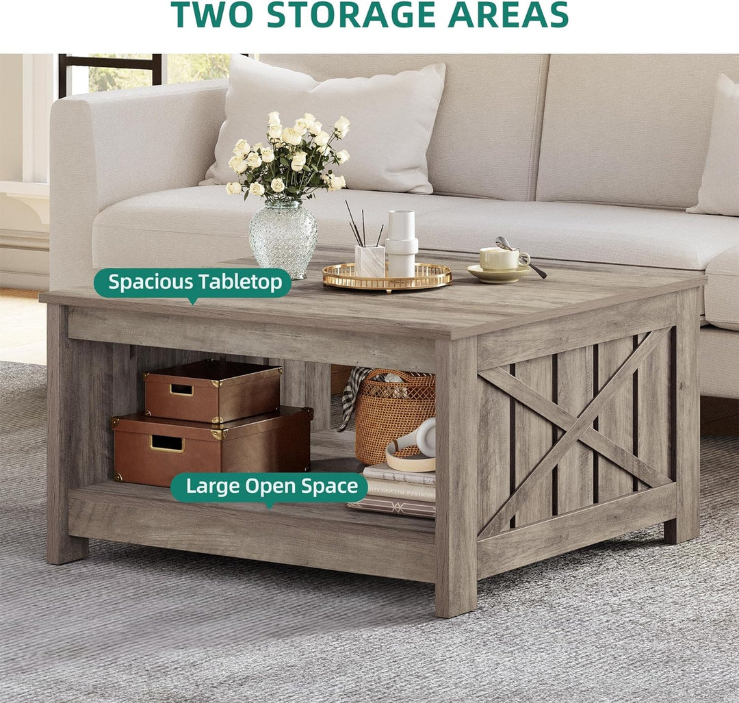 YITAHOME Farmhouse Coffee Table with Storage, Rustic Grey