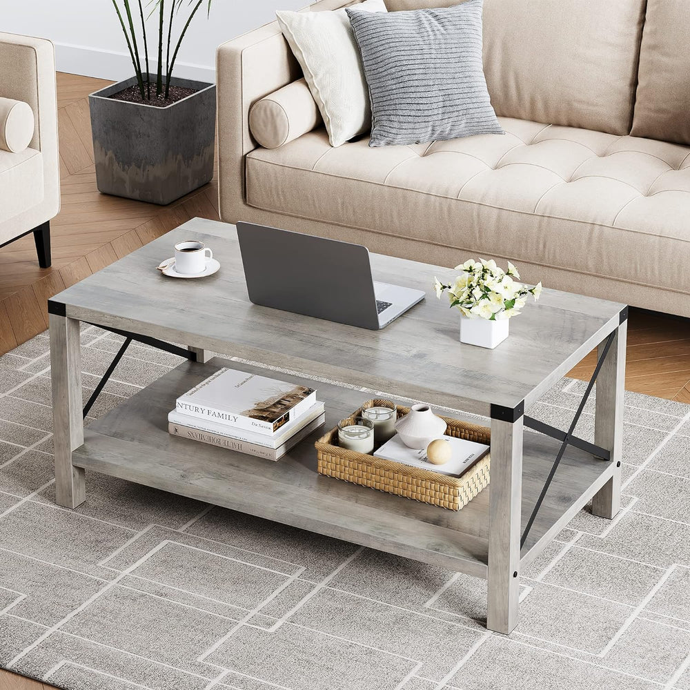 Farmhouse Coffee Table, 2-Tier Industrial Wood Look Grey