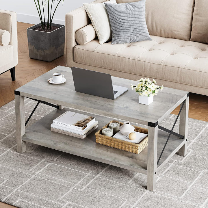 Farmhouse Coffee Table, 2-Tier Industrial Wood Look Grey