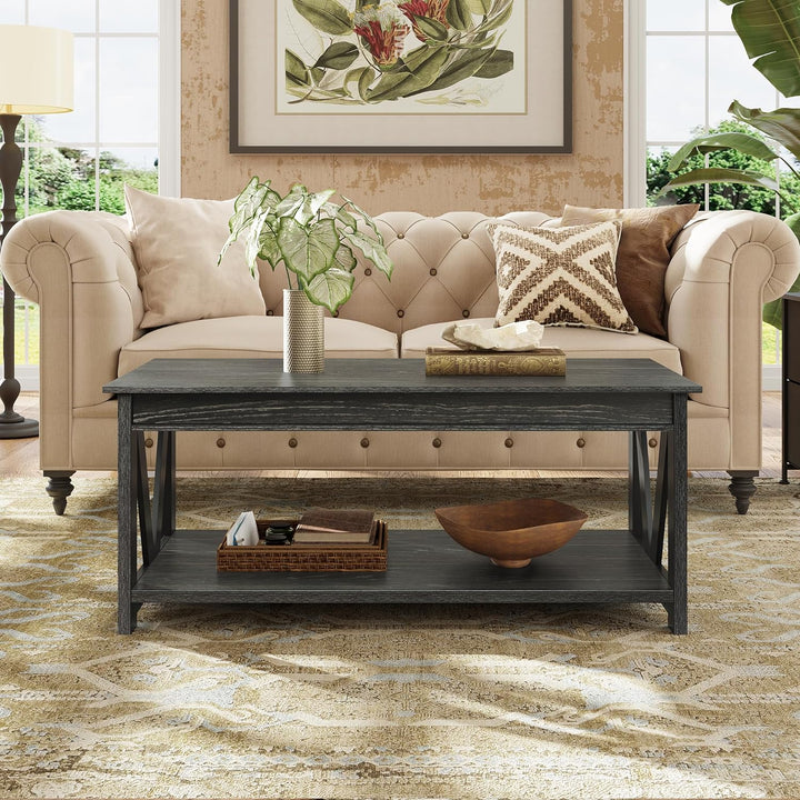 Farmhouse Coffee Table with Storage, 43-inch Wood Center Table, Charcoal Black