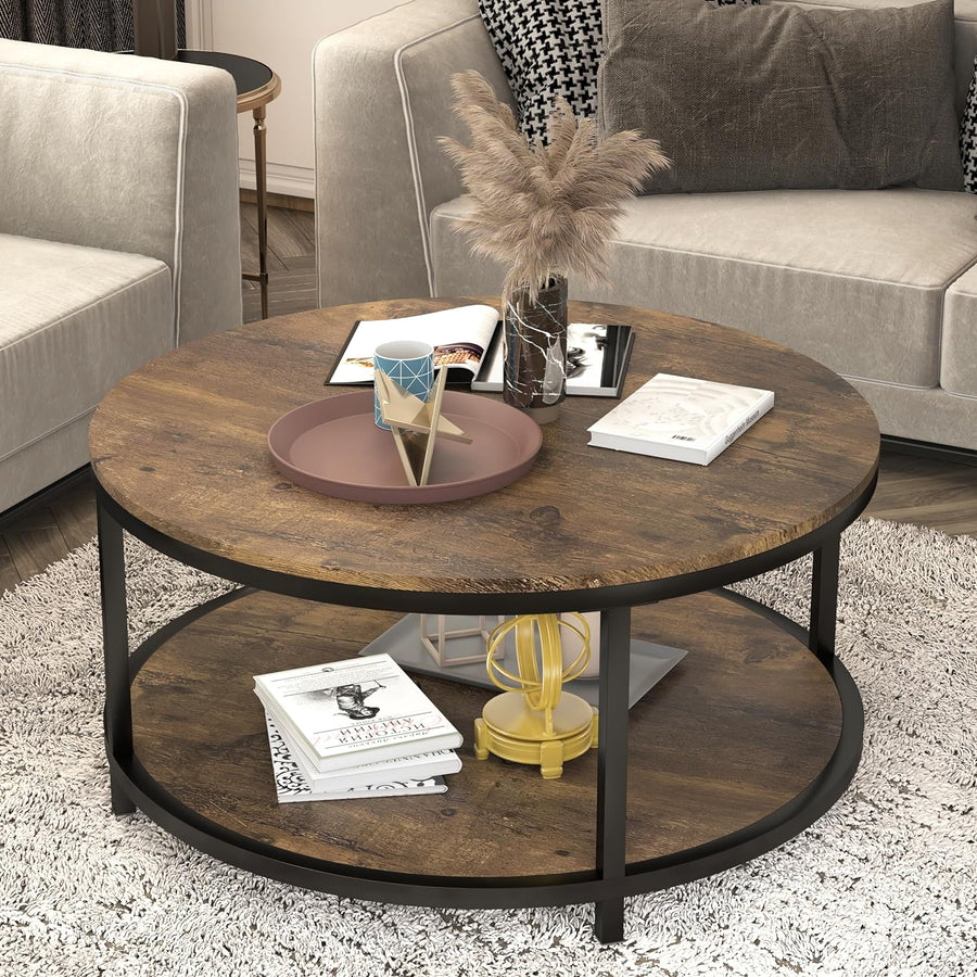 NSdirect 36" Round Rustic Wooden Coffee Table, Industrial Sofa Table