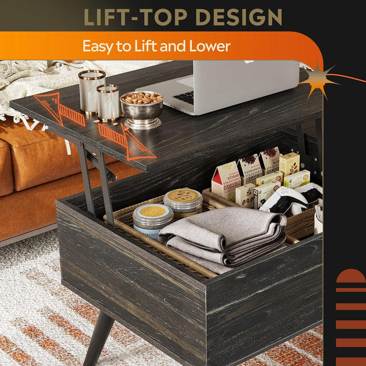 Lift Top Coffee Table with Hidden Compartment, Charcoal Black