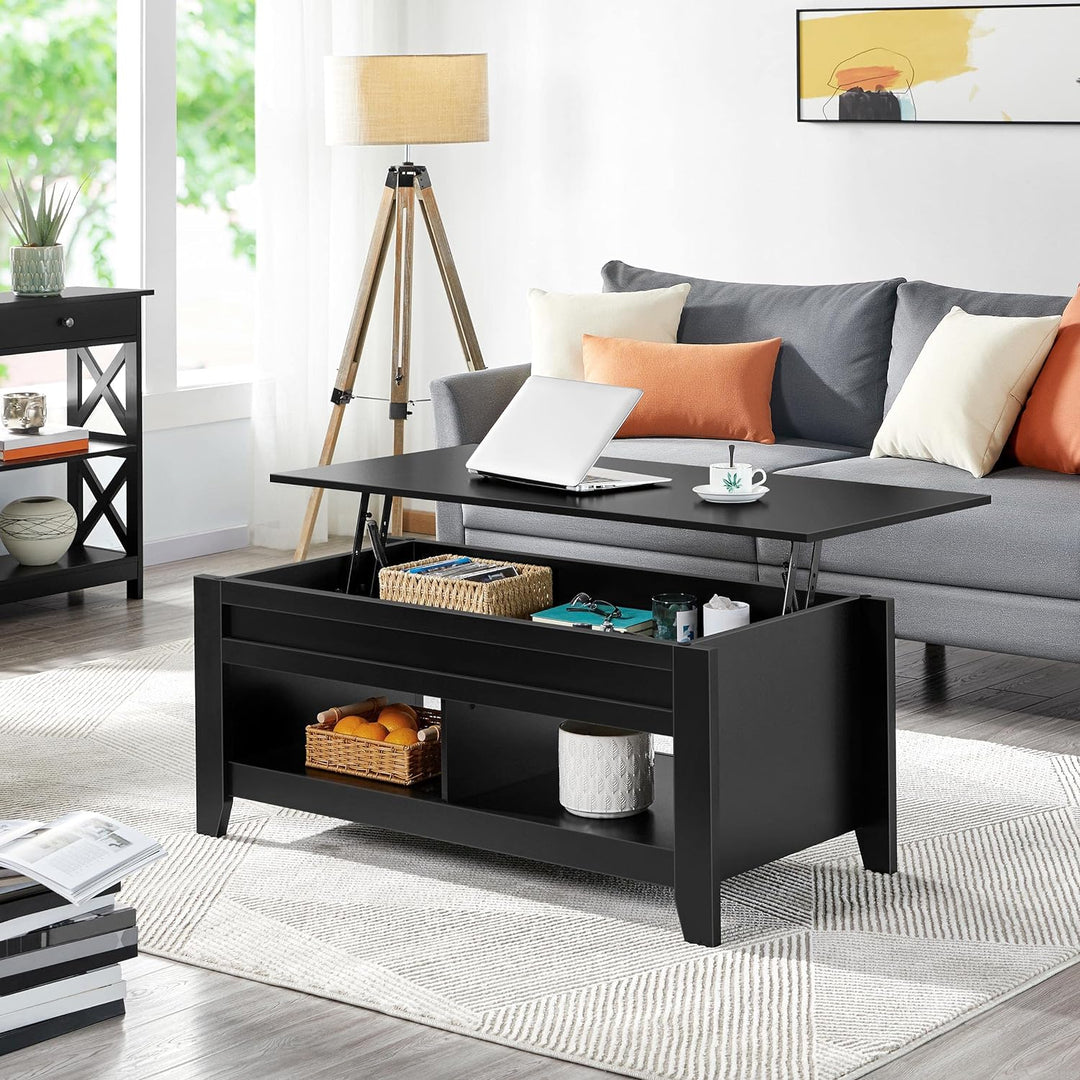 Lift Top Coffee Table with Hidden Storage and Open Shelf, Black