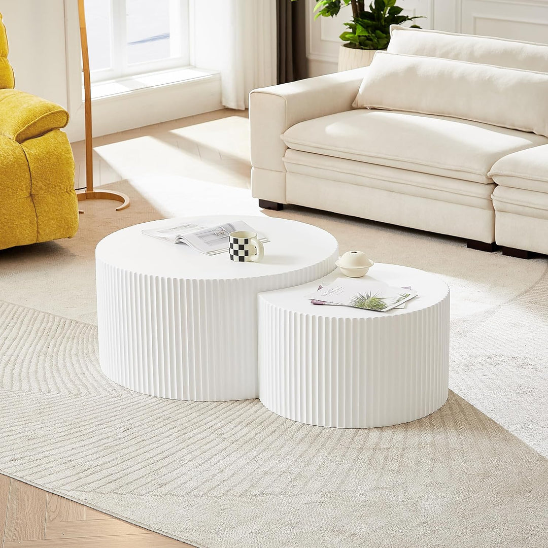 Modern Luxury Nesting Coffee Table Set, Wood Circle Drum, Round-white-2