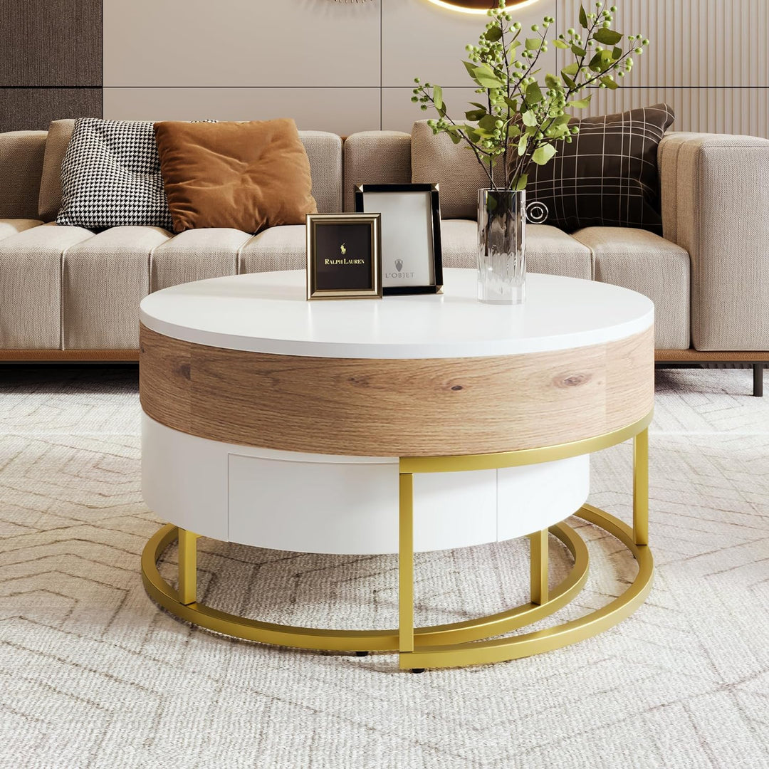 Modern Round Lift-top Nesting Coffee Tables, Oak Natural Wood Antique White