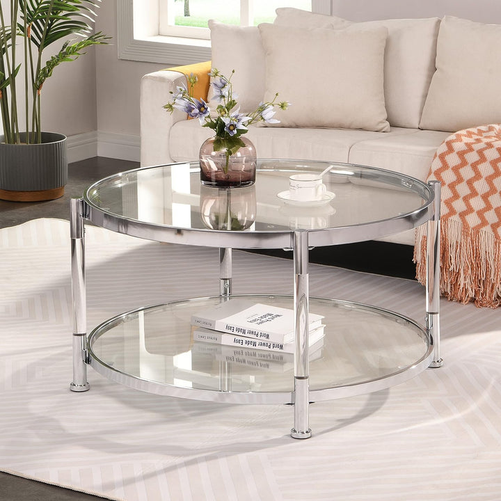 Tempered Glass Round Coffee Table, Modern Acrylic Legs