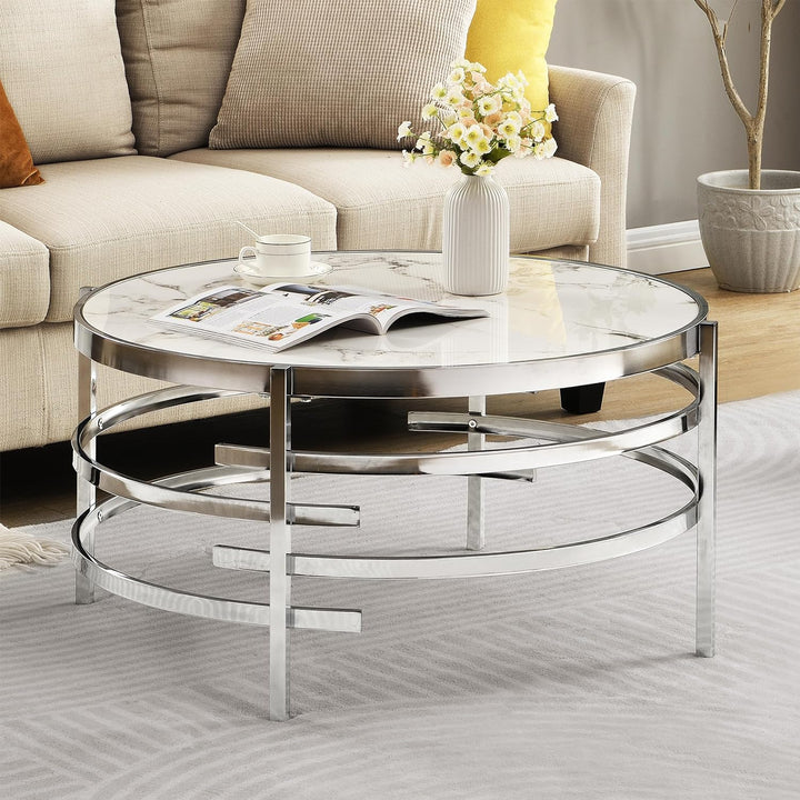 Circular Coffee Table, Sintered Stone Top, Modern Design, Silver