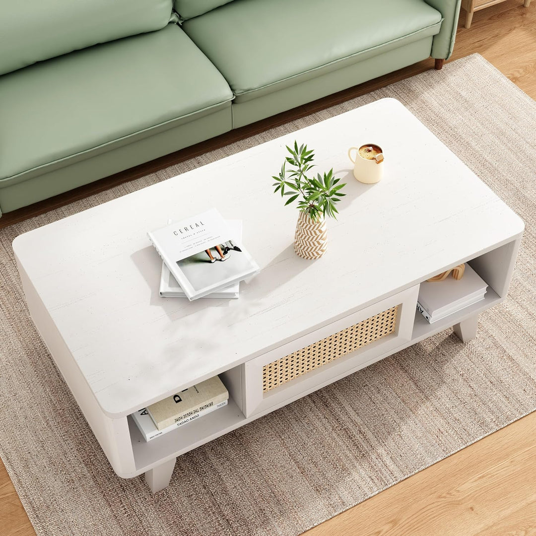 Coffee Table, Mid Century Modern Square with Storage, White