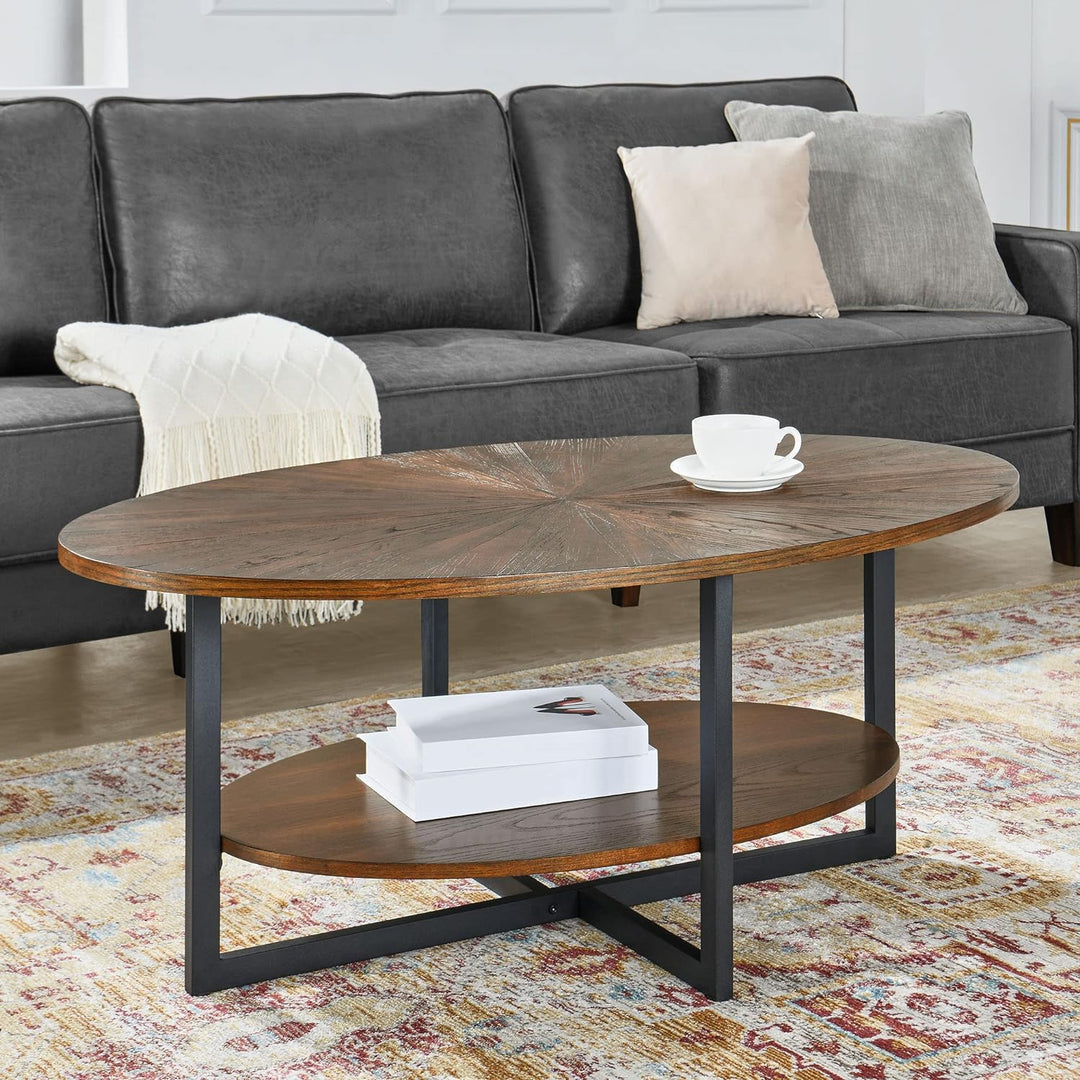 Oval Coffee Table with Storage Shelf, Farmhouse Sofa Center Table, Solid Wood Living Room Cocktail Table, Rustic Brown