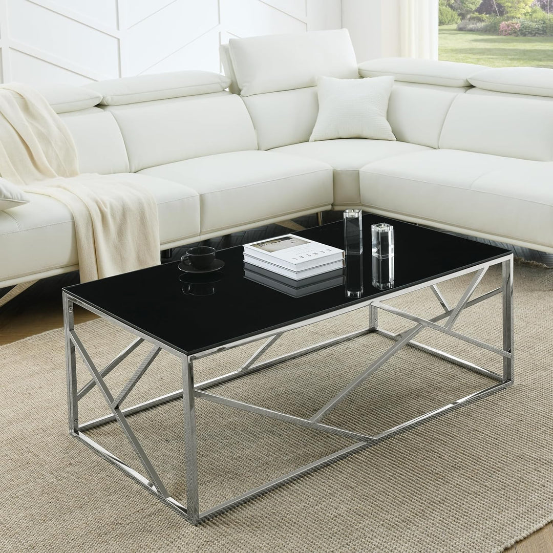 Modern Rectangular Glass Coffee Table with Black Tempered Glass Top