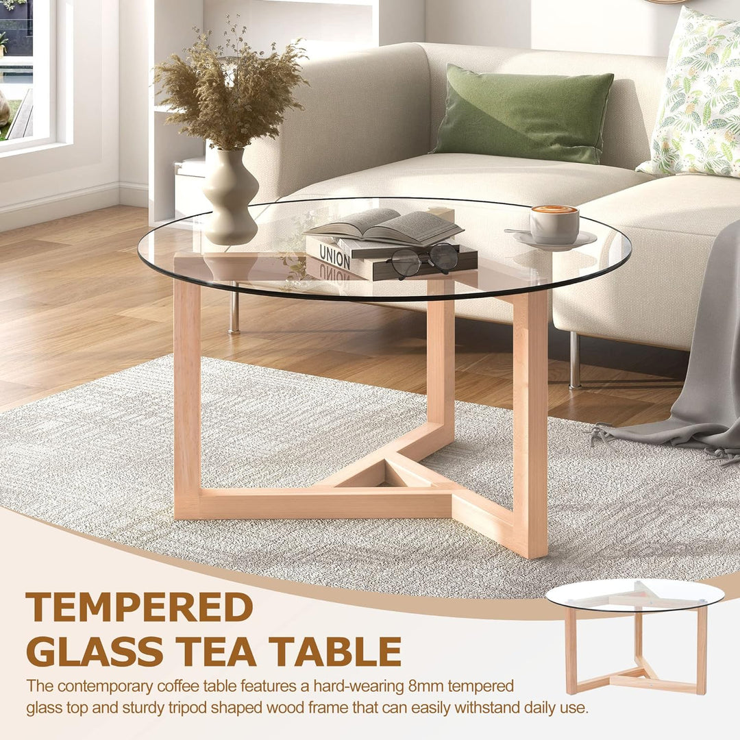 Merax Round Glass Coffee Table with Sturdy Wood Base, Natural