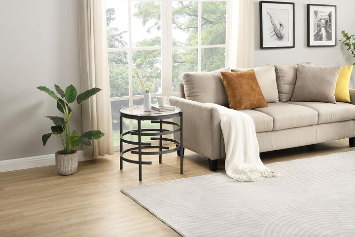 Modern Round End Table with Sintered Stone Top, Grey