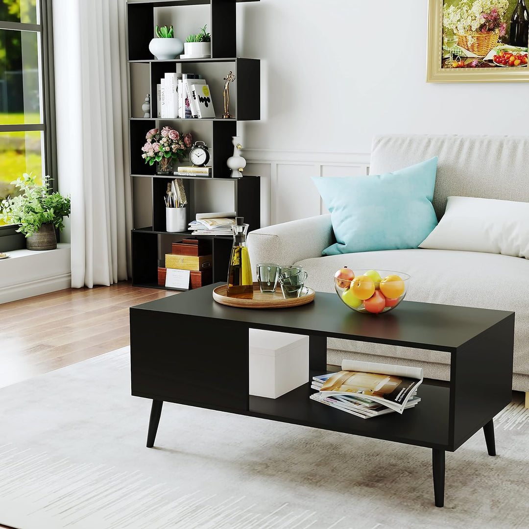 Yusong Modern Wood Coffee Table with Storage Shelf, Black