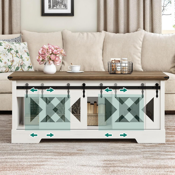 Rustic Farmhouse Coffee Table with Lift Top, Storage, Barn Door, Brown and White