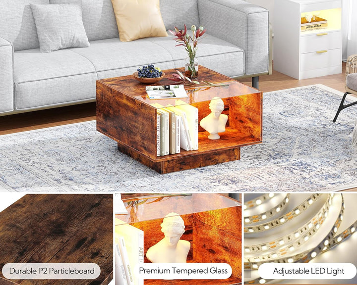 Yusong Modern Glass Top Coffee Table with Storage, Rustic Brown