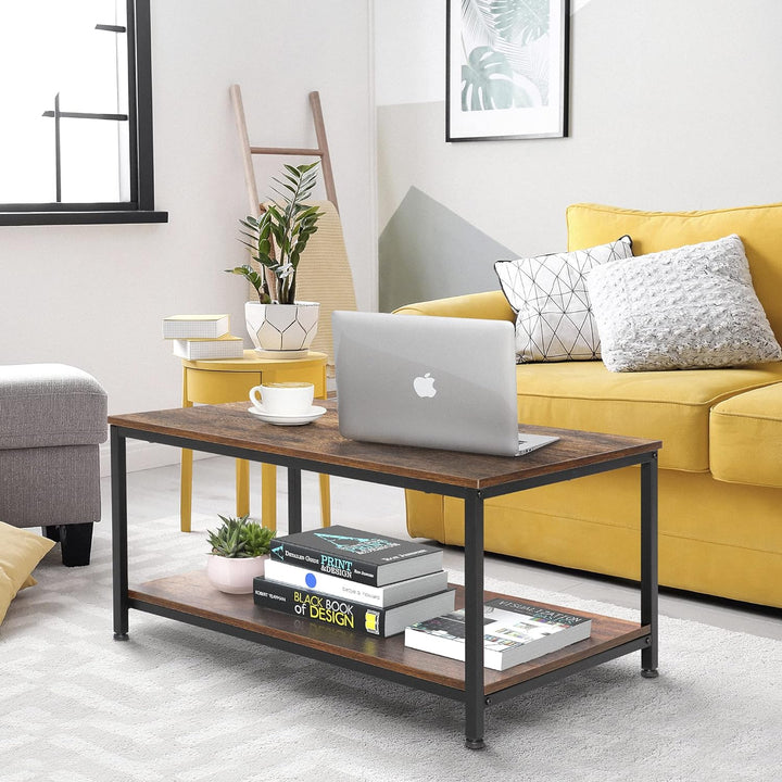 Rustic 2-Tier Industrial Coffee Table with Storage Shelf, Rectangular Wood and Metal TV Stand