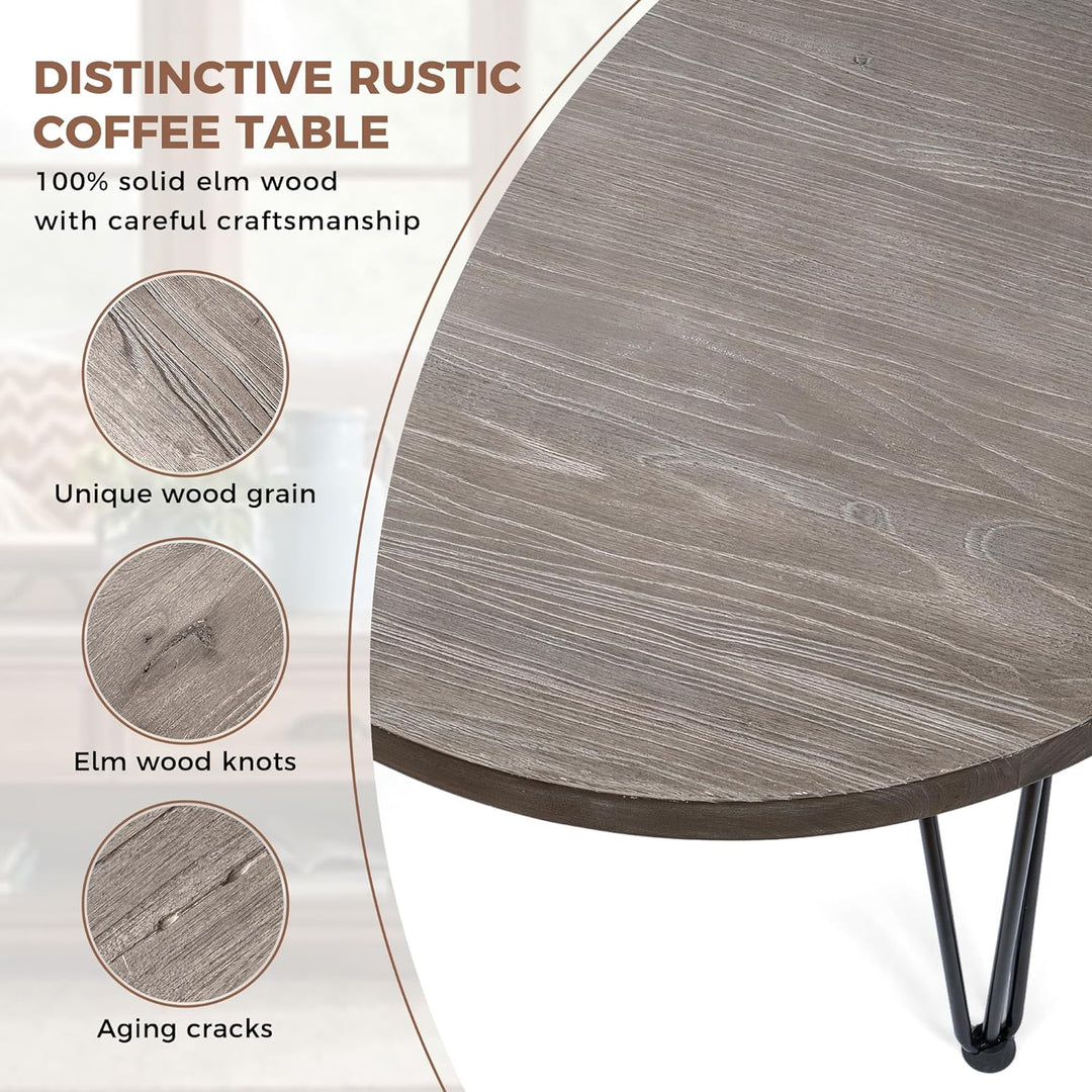 Rustic Elm Wood Round Coffee Table with Metal Legs, Grey