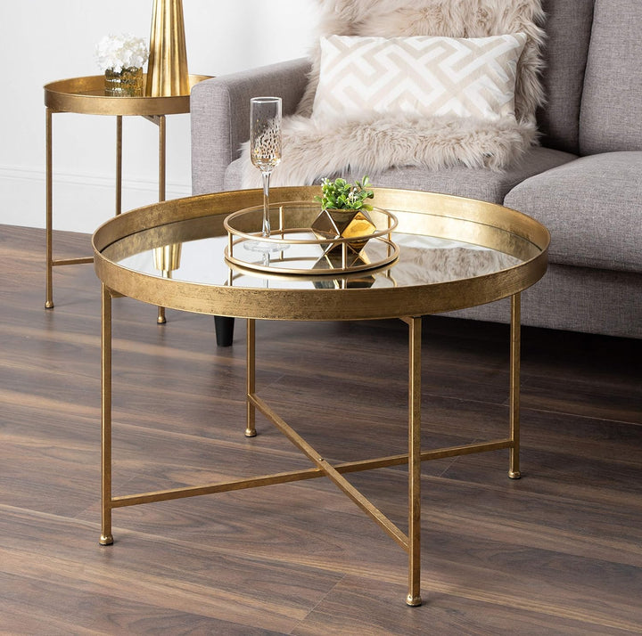 Celia Metal Foldable Round Accent Table, 18.25" x 18.25" x 22", Gold/Mirror