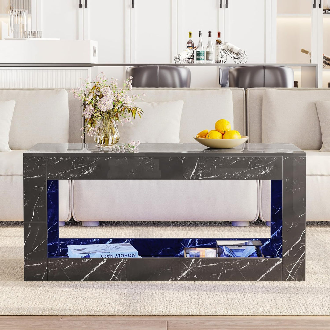 Modern Marble Print Coffee Table with Storage and Lighting, Black