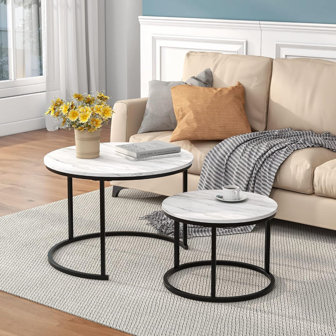 Nesting Round Coffee Table Set, Circular Marble Accent Tables, Black