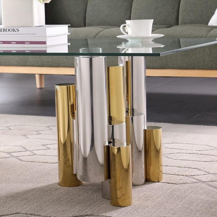 Rectangular Accent Glass Coffee Table, Tempered Glass End Table, Gold