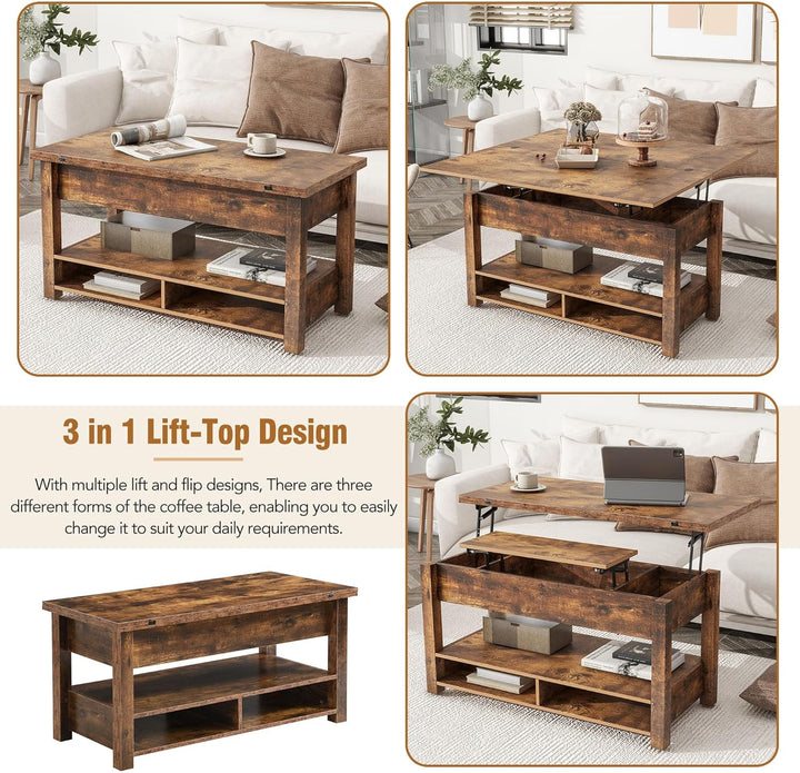 Merax Modern Lift Top Coffee Table, Convertible Dining, Rustic Brown