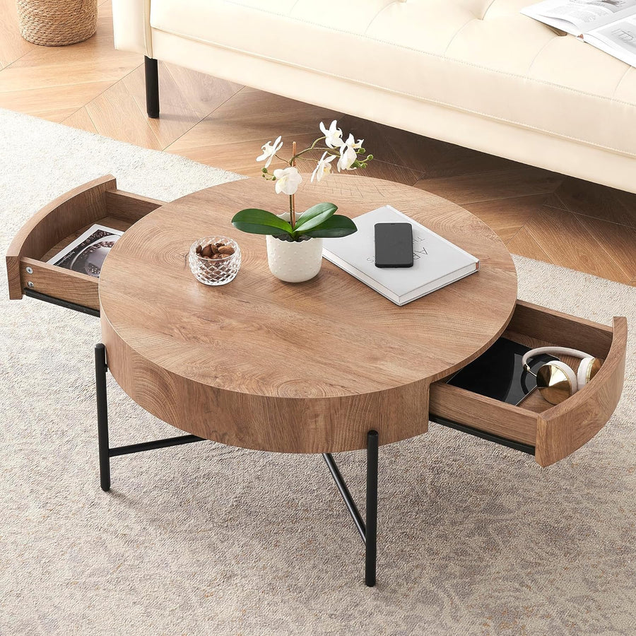 Rustic Round Coffee Table with Drawers, Farmhouse Wood Center Table, Natural