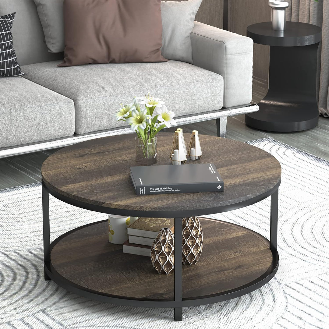 Rustic Round Coffee Table with Wooden Surface, Metal Legs, Storage