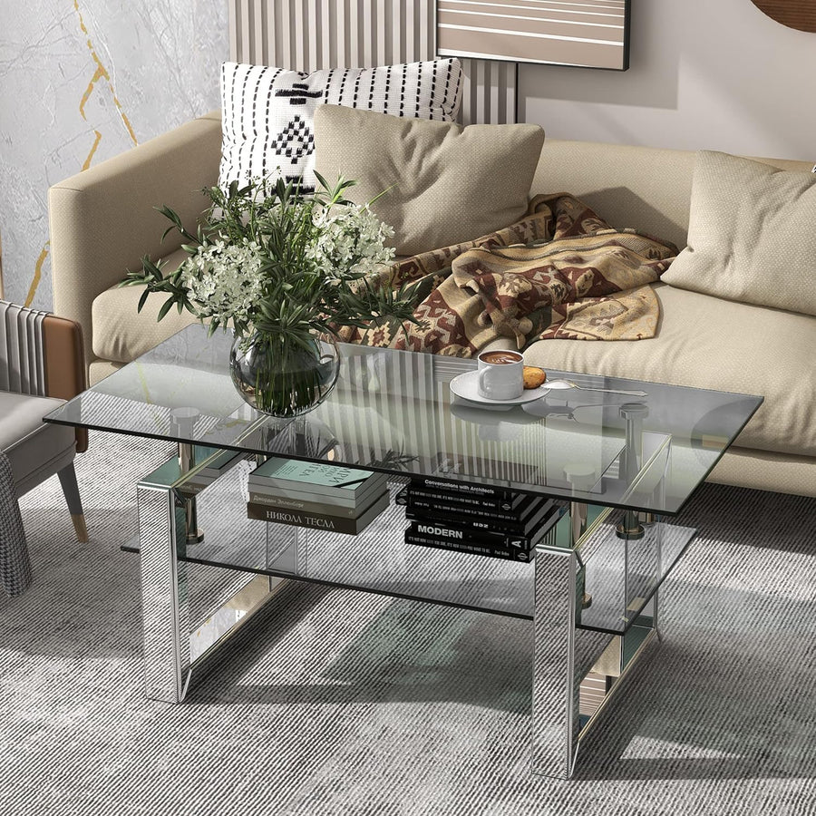 Glass Coffee Table, Modern Design with Lower Shelf, Mirrored Legs, Transparent