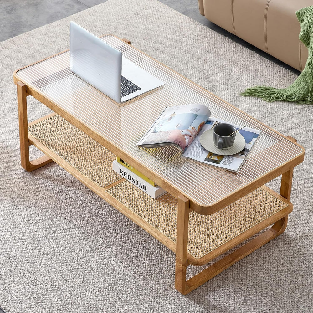 Stylish Modern Rectangle Coffee Table, 45", Solid Wood and Rattan