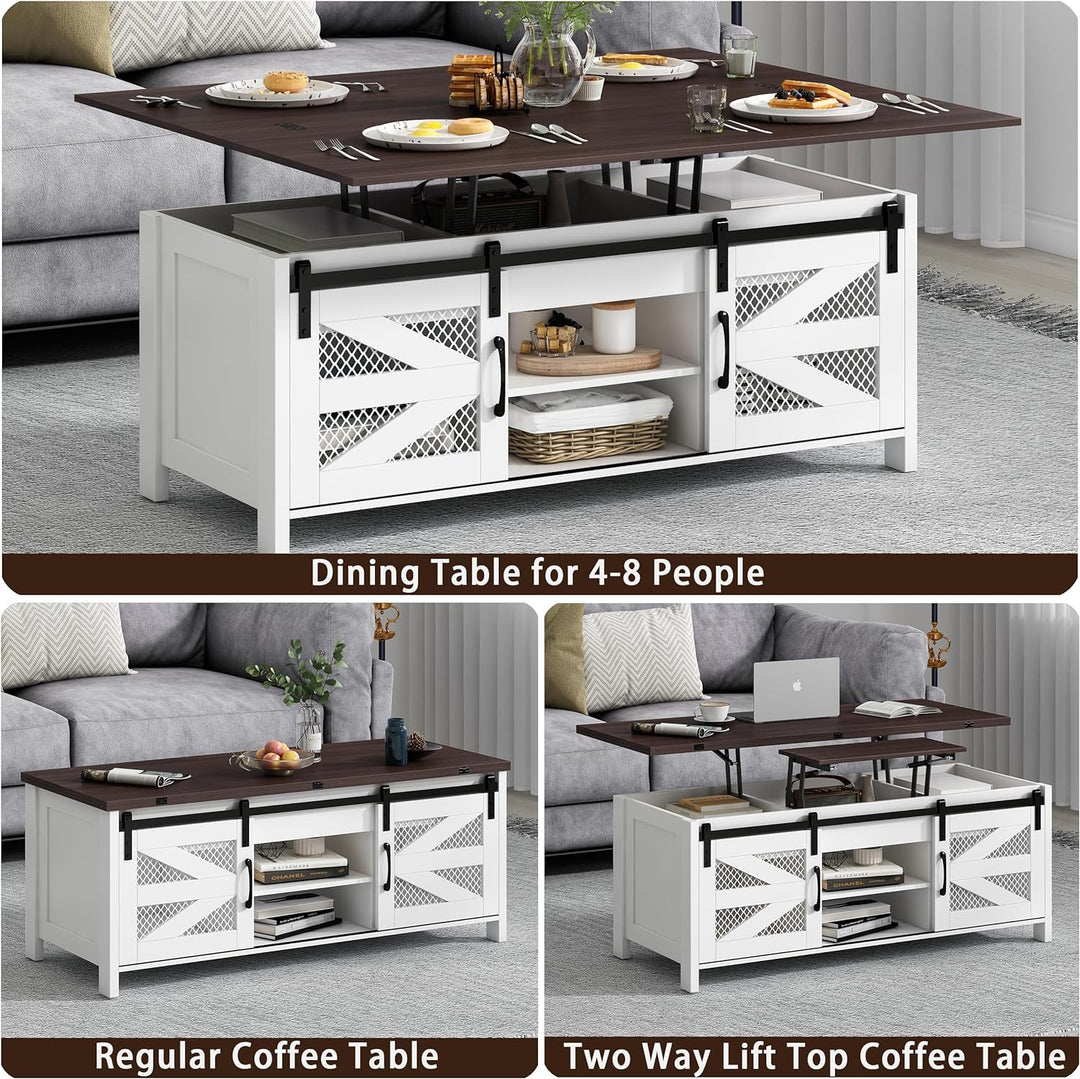 47.2" Lift Top Coffee Table with Sliding Barn Doors, White