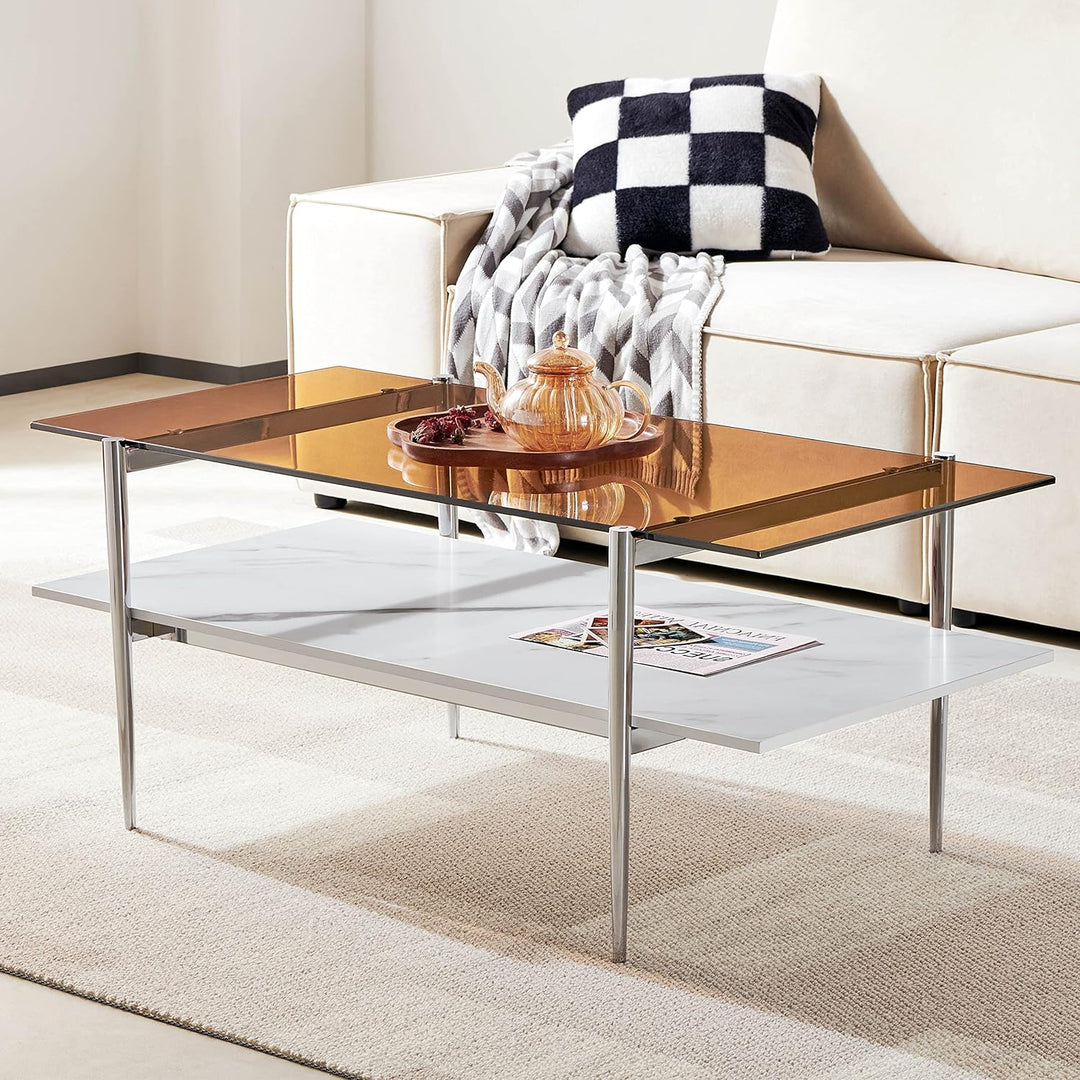 Elegant Glass Coffee Table with Chrome Frame, Coffee-Brown & White