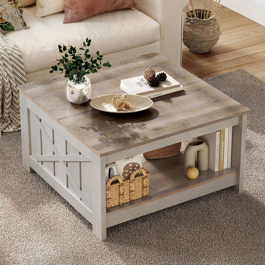 Farmhouse Coffee Table with Storage, 2-Tier Wood Center Table, Grey Wash