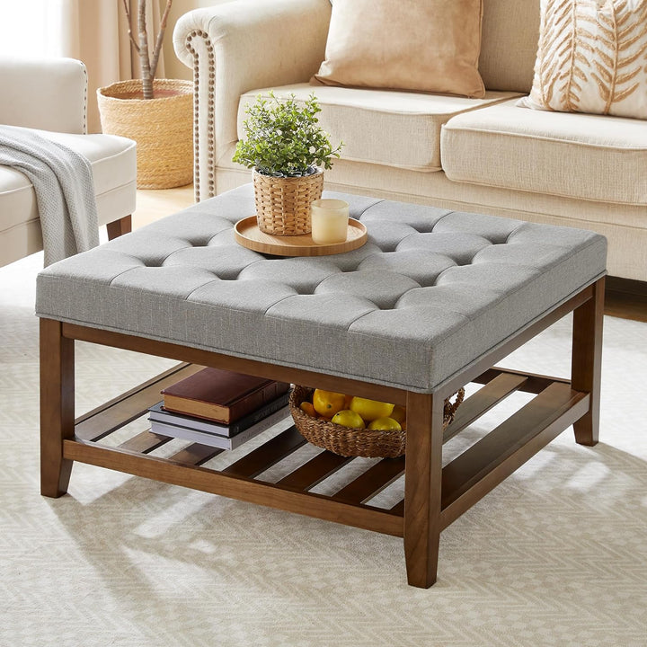 Elegant Square Ottoman Coffee Table, Button Tufted, Grey