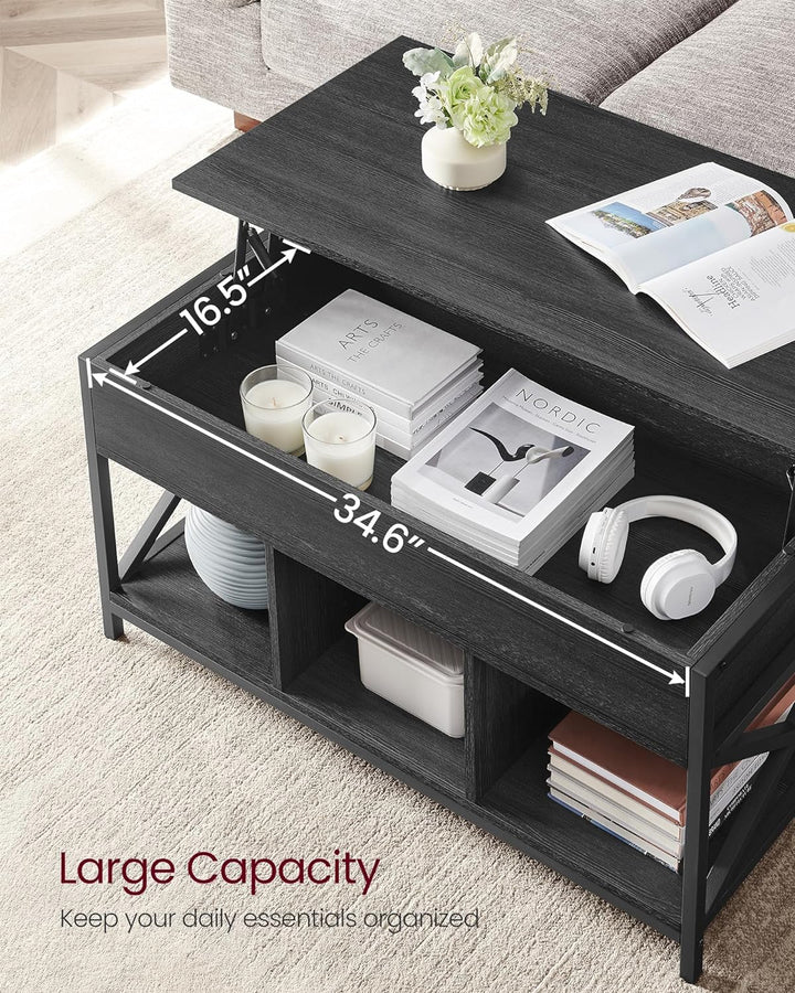 VASAGLE Lift Top Coffee Table with Hidden Storage, Black Wood