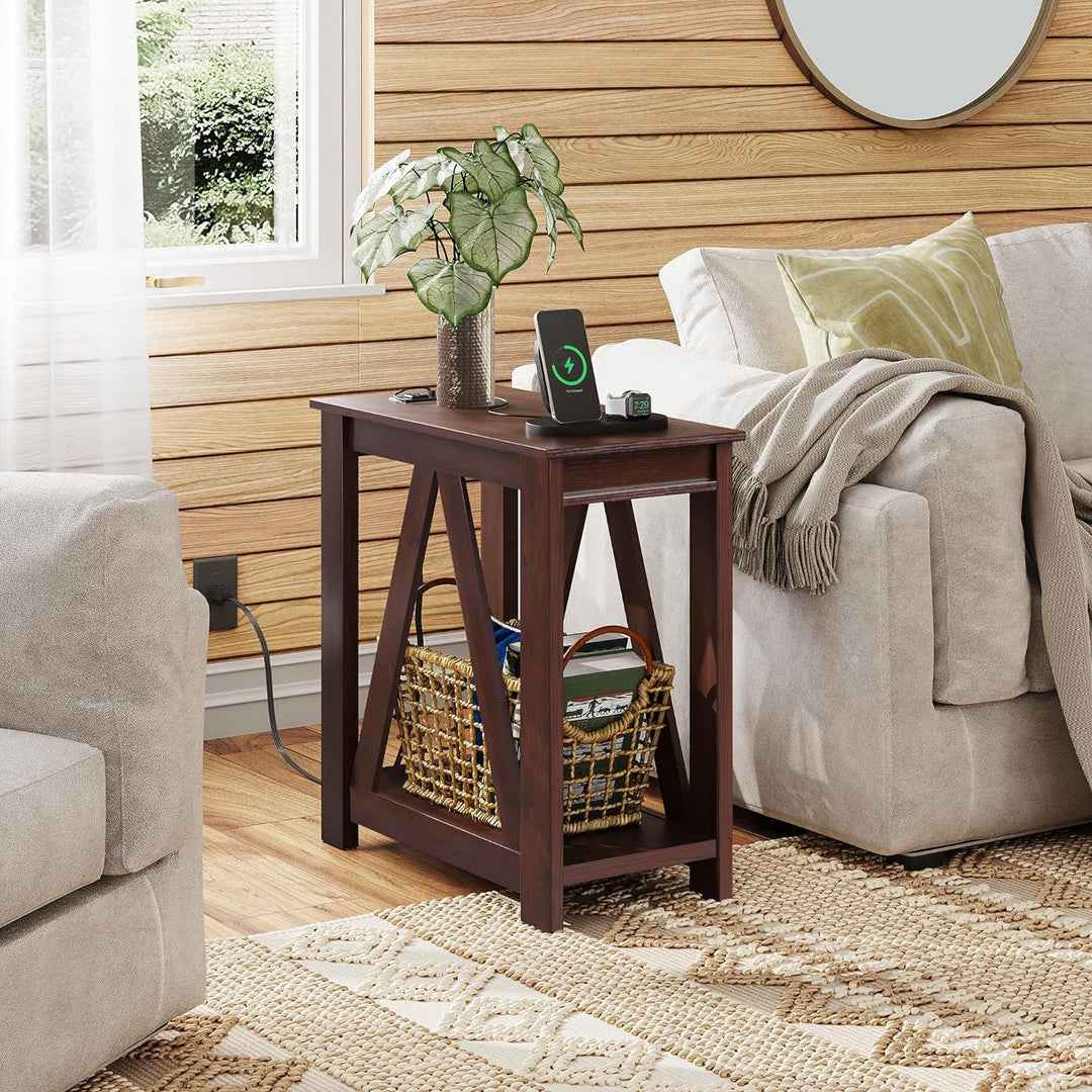 Narrow End Table with Charging Station, Espresso