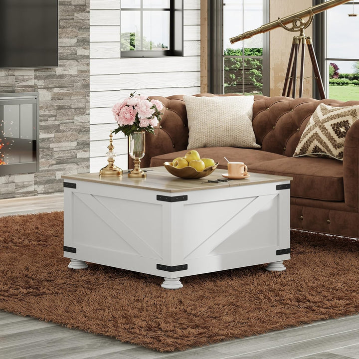 Farmhouse Coffee Table, Square Wood Center Table with Storage