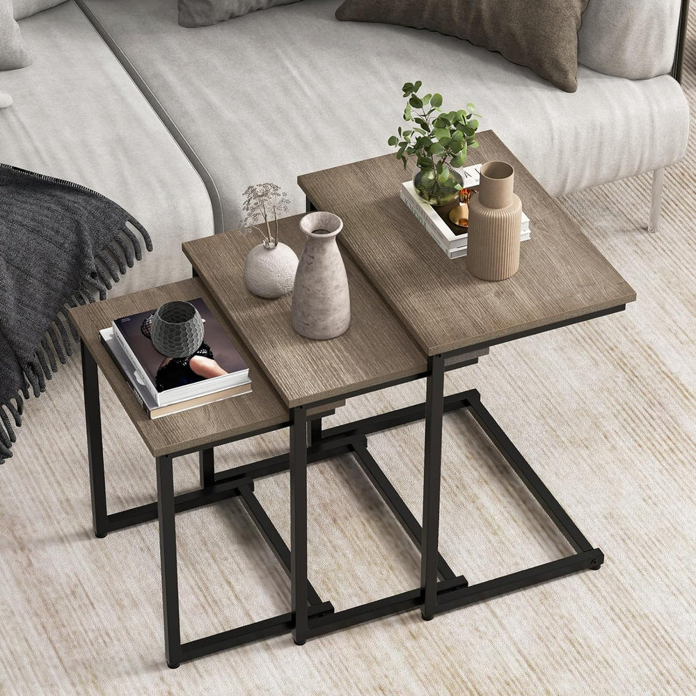 Nesting Coffee Table Set, Stackable End Tables, Farmhouse Accent, Black Oak