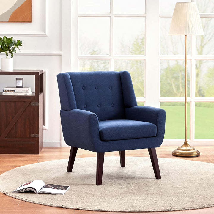 Accent Chair, Upholstered Button Tufted Armchair, Linen Fabric Sofa Chairs for Bedroom, Living Room, Mid Century Modern Comfy Reading Chair (Dark Blue)