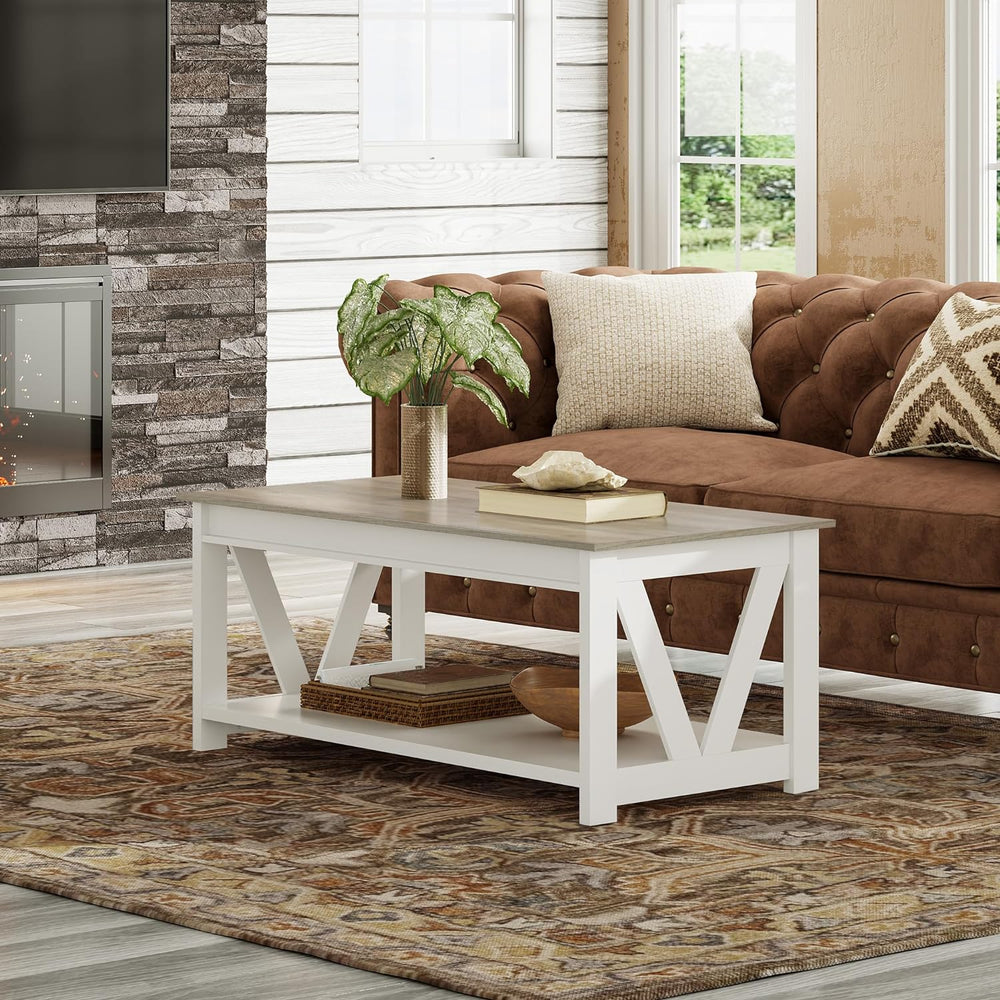 Farmhouse Coffee Table with Storage, 43-Inch Wood Center Table, V-Shaped Frame, White and Grey